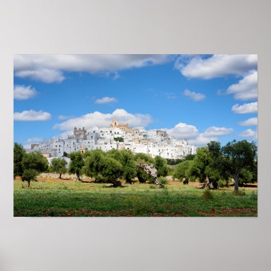 White city Ostuni with olive trees, Puglia poster (Vorne)