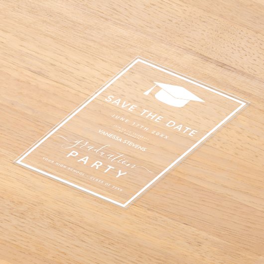 White Classic Abschluss Save the Date Acryleinladungen (Ablage )