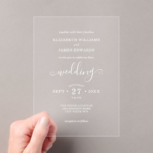 White Classic Bohemisch Typografy Wedding Acryleinladungen (Insitu (Handheld))