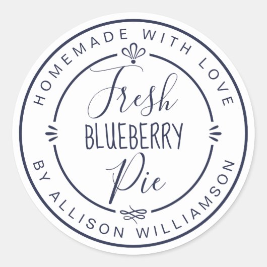 White Classic Homemade Blueberry Pie Label Runder Aufkleber (Vorderseite)