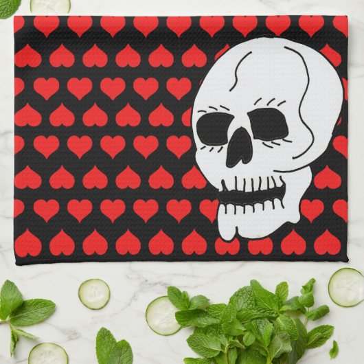White Classic Skull Red Hearts Geschirrtuch (Gefaltet)