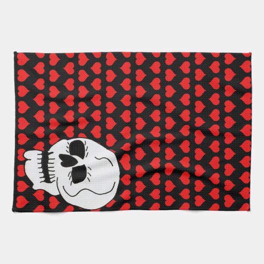 White Classic Skull Red Hearts Geschirrtuch (Horizontal)