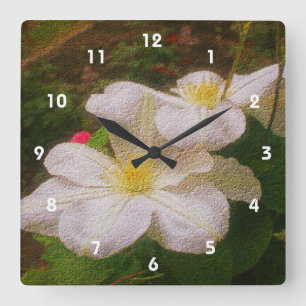 White Clematis Flower Art Quadratische Wanduhr