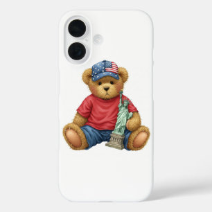 White Collection Teddy mit der Freiheitsstatue iPhone 16 Hülle