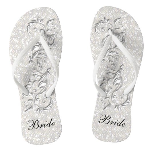 White Confetti Glitzer & White Metallic | Braut Badesandalen (Fußbett)