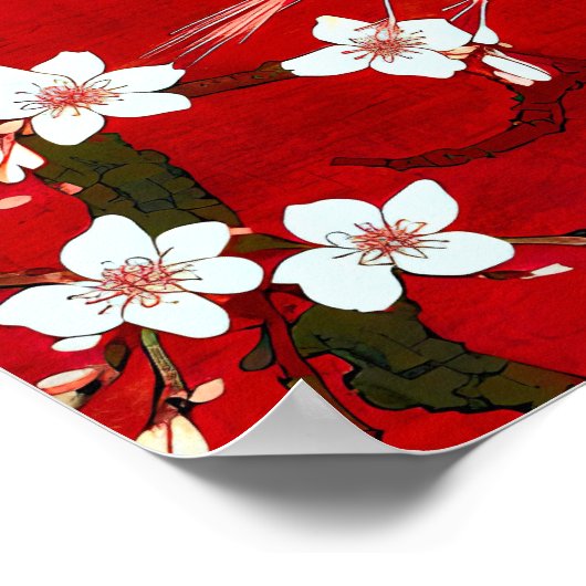 White Crane Cherry Blossom Red Poster (Ecke)