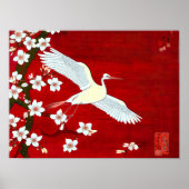 White Crane Cherry Blossom Red Poster (Vorne)