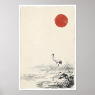 White Crane Under Red Sun Poster Japanische Tint