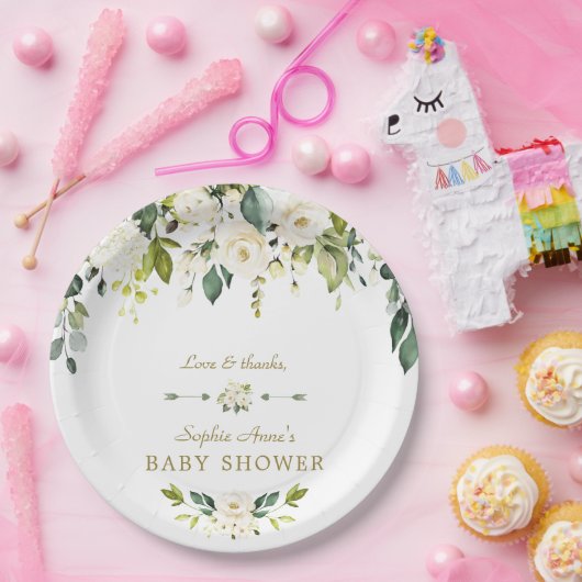 White Cream Blume Gold Baby Dusche Pappteller (Party)