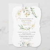 White Cream Floral Greenery Gold Cross Baptism  Einladung (Vorderseite)