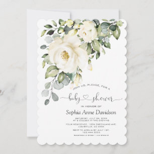 White Cream Floral Handgeschriebenes Script Baby D Einladung