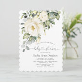 White Cream Floral Handgeschriebenes Script Baby D Einladung (Stehend Vorderseite)