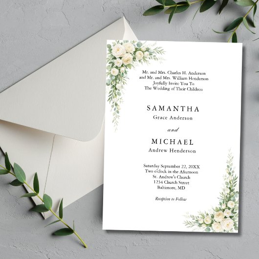 White Cream Florals Both Parents Names Wedding Einladung