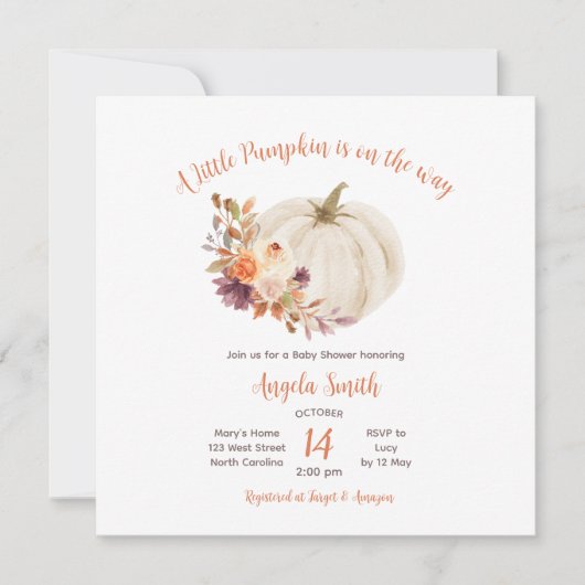 White Cream Pumpkin Rustic Floral Baby Dusche Einladung (Vorderseite)