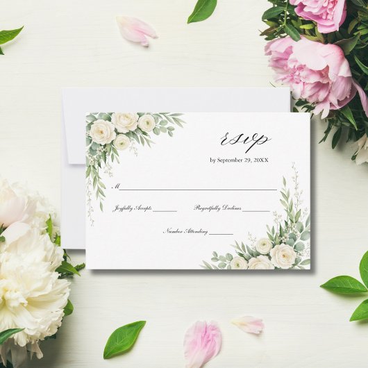 White Cream Watercolor Florals Roses Wedding  RSVP Karte