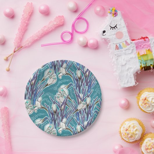 White Crocuses Spring Blume Blumenmuster Aquamarin Pappteller (Party)