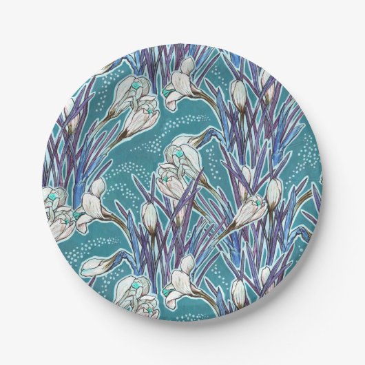 White Crocuses Spring Blume Blumenmuster Aquamarin Pappteller (Vorderseite)