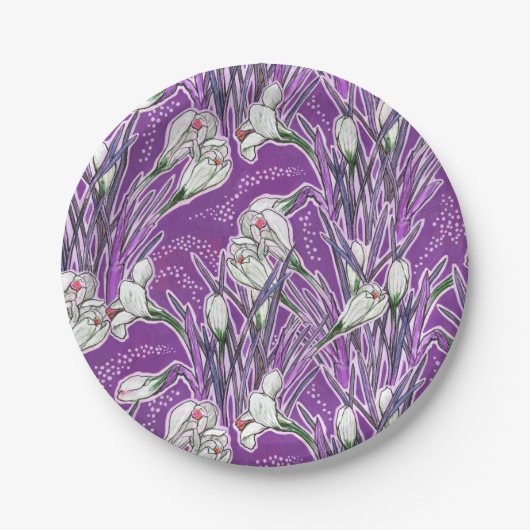 White Crocuses Spring Blume Blumenmuster Lila Pappteller (Vorderseite)