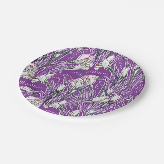 White Crocuses Spring Blume Blumenmuster Lila Pappteller (Schrägansicht)