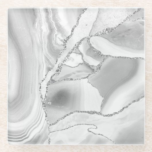 White Crystal Silver Glitzer Agate Elegant Glasuntersetzer (Vorderseite)