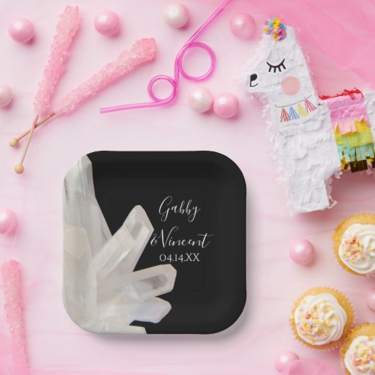 White Crystals on Black Wedding Pappteller (Party)