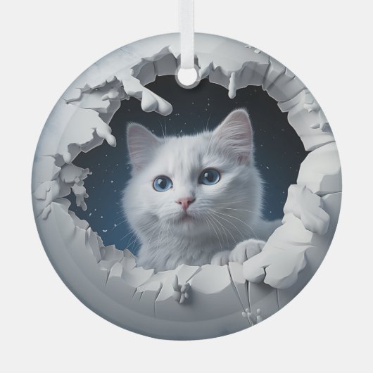 White Curious Kitty Ornament Aus Glas (Vorderseite)