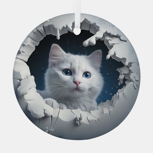 White Curious Kitty Ornament Aus Glas (Rückseite)