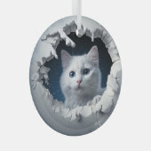White Curious Kitty Ornament Aus Glas (Vorderseite Rechts)