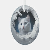 White Curious Kitty Ornament Aus Glas (Vorderseite links)