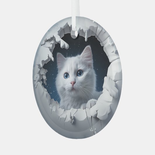 White Curious Kitty Ornament Aus Glas (Vorderseite links)