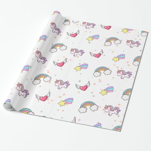 White Cute Rainbow Unicorn Star Magical Geschenkpapier (Ungerollt)