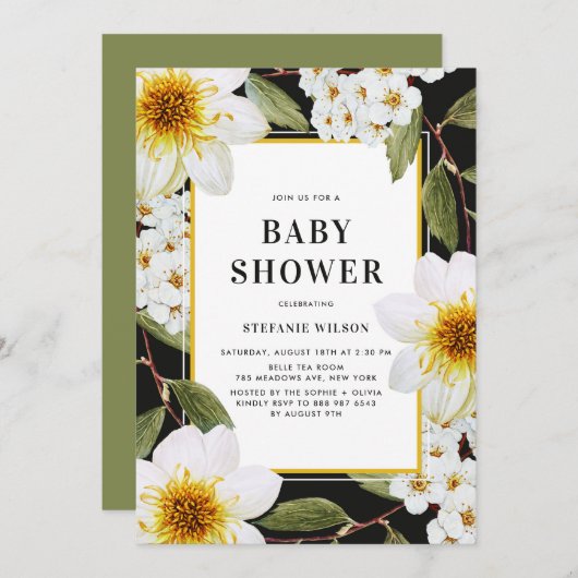 White Dahlia und Spirea Botanical Baby Shower Einladung (Vorne/Hinten)