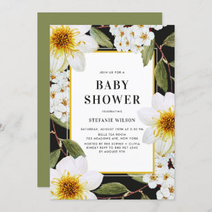 White Dahlia und Spirea Botanical Baby Shower Einladung