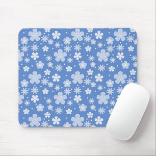 White Daisies and Dots on Blue Mousepad