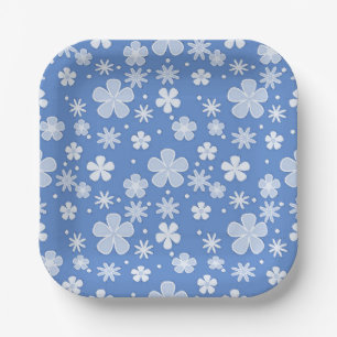 White Daisies and Dots on Blue Pappteller