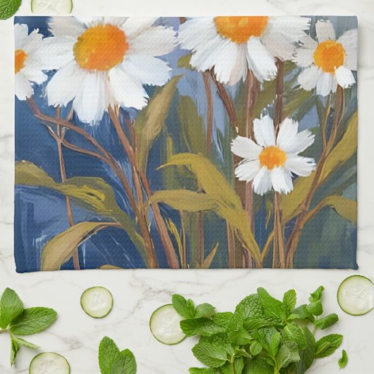 White Daisies Aquarell Blume gestrichen Geschirrtuch (Gefaltet)
