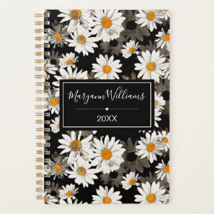 White Daisies auf Schwarz-Flora-Muster Mit Monogra Planer