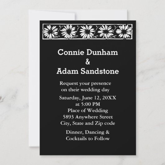 White Daisies Black Border Pattern Wedding Einladung (Vorderseite)