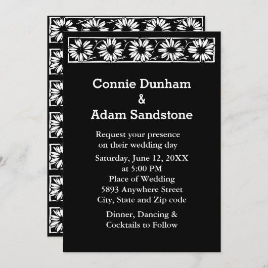 White Daisies Black Border Pattern Wedding Einladung (Vorne/Hinten)
