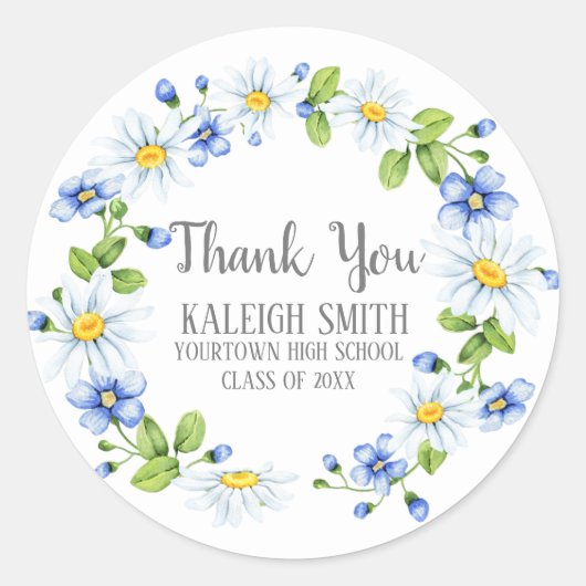 White Daisies Blue Flowers Abschluss Runder Aufkleber (Vorderseite)