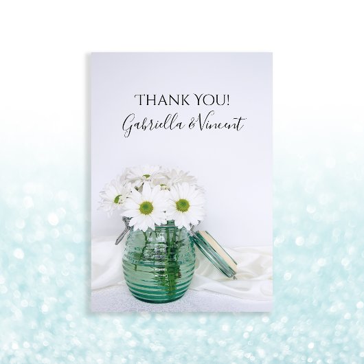 White Daisies Blue Jar Vase Wedding Vielen Dank Dankeskarte
