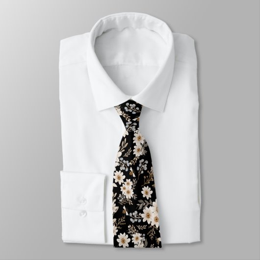 White Daisies Floral Pattern Black Krawatte (Gebunden)