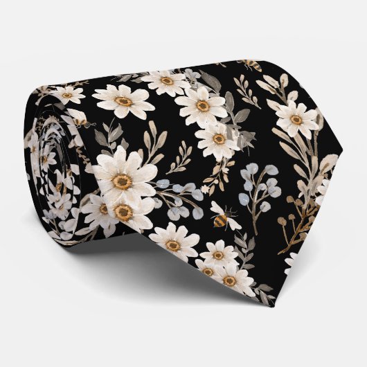 White Daisies Floral Pattern Black Krawatte (Gerollt)