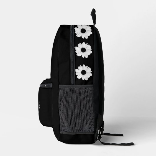 White Daisies / Flowers and Your Name on Black Bedruckter Rucksack (Rechts)