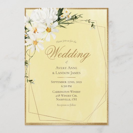 White Daisies Gold Frame Yellow Wedding Einladung (Vorderseite)