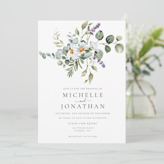 White Daisies Hochzeitseinladung mit QR-Code Einladung (Stehend Vorderseite)