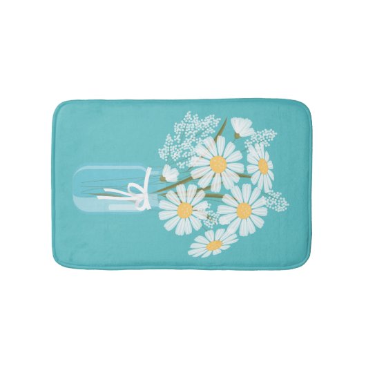 White Daisies Mason Jar auf Aquamarin Badematte (Vorderseite)