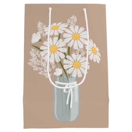 White Daisies Mason Jar auf Beige Mittlere Geschenktüte (Rückseite)