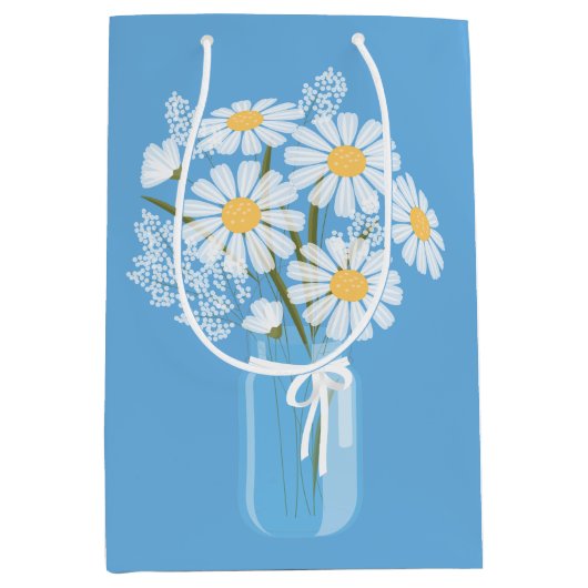 White Daisies Mason Jar auf Blue Mittlere Geschenktüte (Vorderseite)