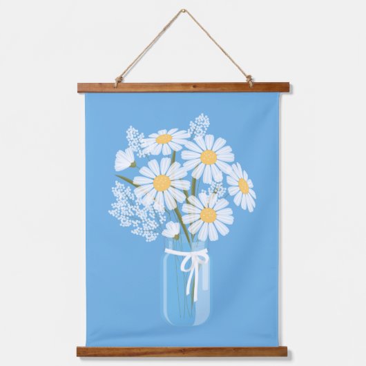 White Daisies Mason Jar auf Blue Wandteppich Mit Holzrahmen (Vorderseite)